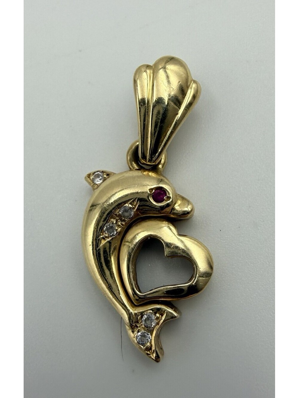 14k Yellow Gold Dolphin Synthetic Ruby & Zirconia Ladies Pendant 3g Total Wt